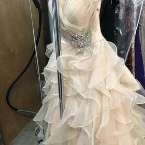 SAMPLE PROM Dress Princess, Ruffle Ballgown, Champagne Off-the-shoulder BLING
